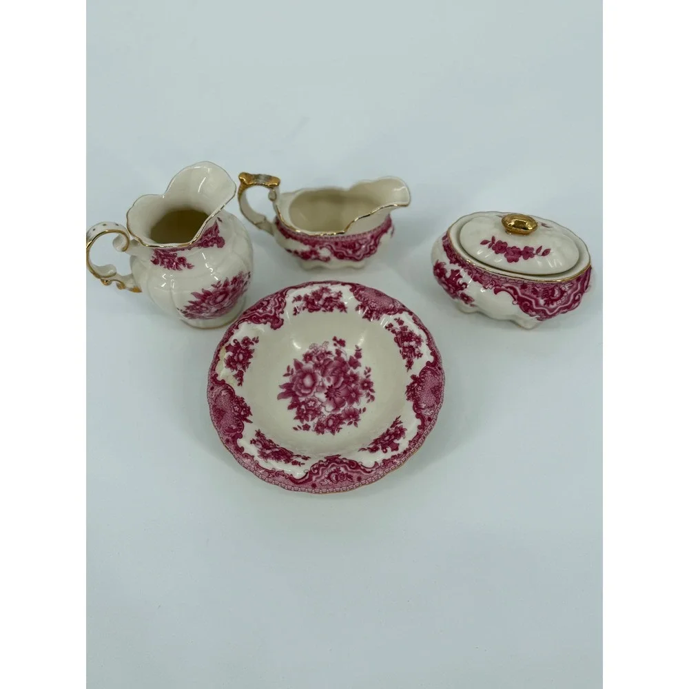 Bristol House Pink Floral Creamer Sugar Bowl Dish Set‎ Gold Trim Vintage